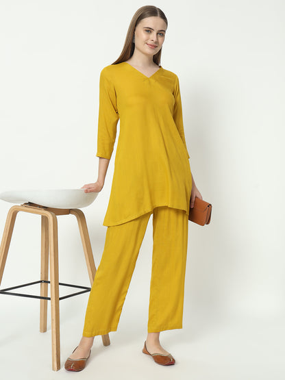 Fab Fashion Mustred Plain Pure Co-Ord Set - Distacart