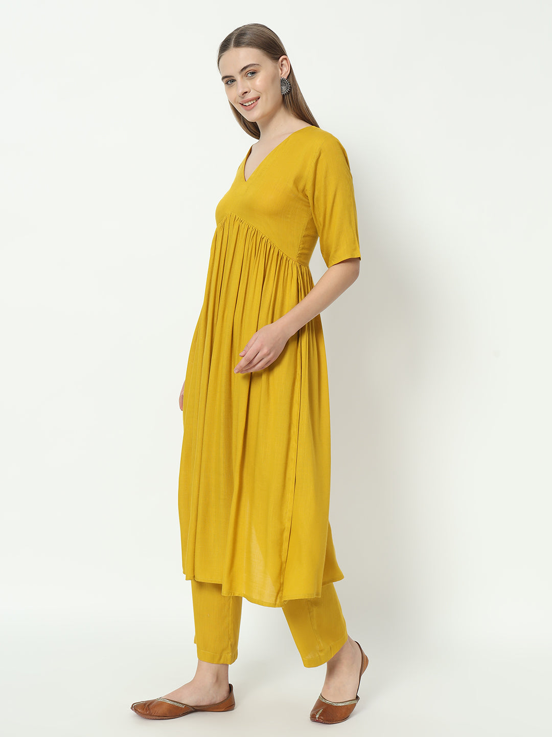 Fab Fashion Alia Cut Mustard Pure Cotton V Neck Top+Pant