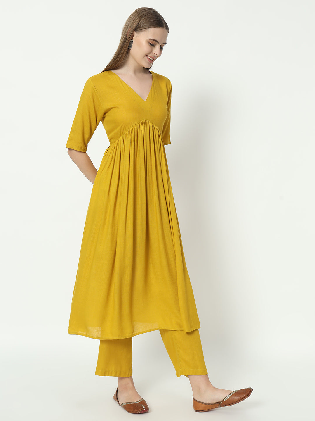Fab Fashion Alia Cut Mustard Pure Cotton V Neck Top+Pant
