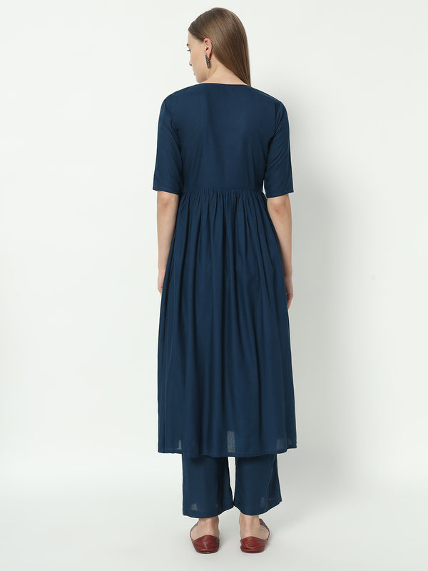 Fab Fashion Alia Cut Peacock Blue Pure Cotton V Neck Top+Pant