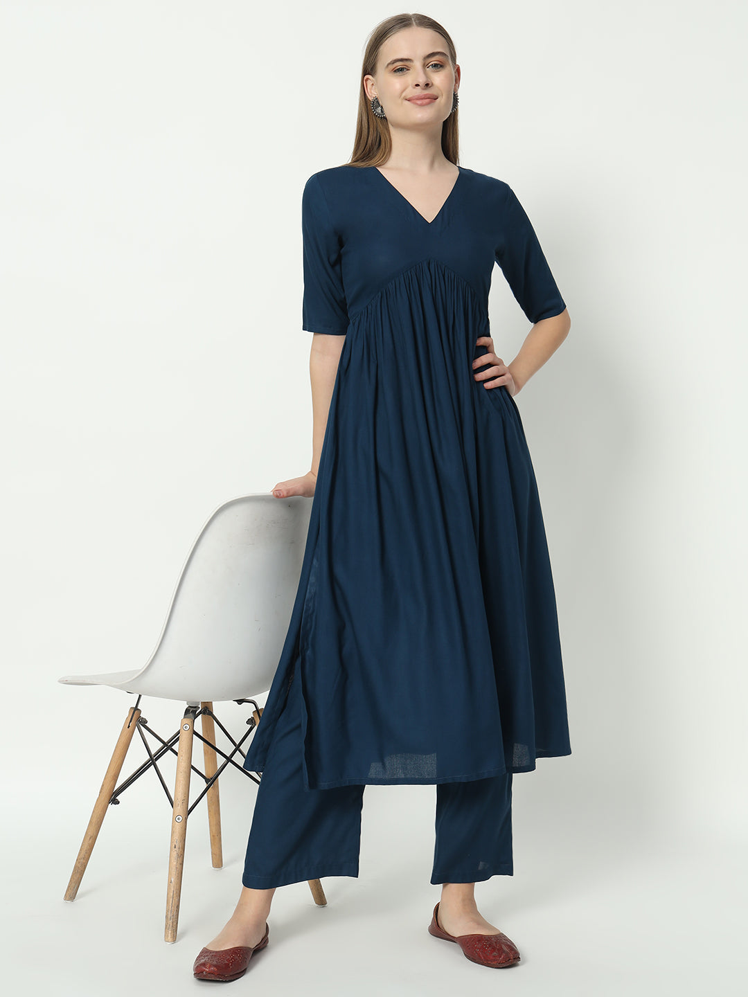 Fab Fashion Alia Cut Peacock Blue Pure Cotton V Neck Top+Pant