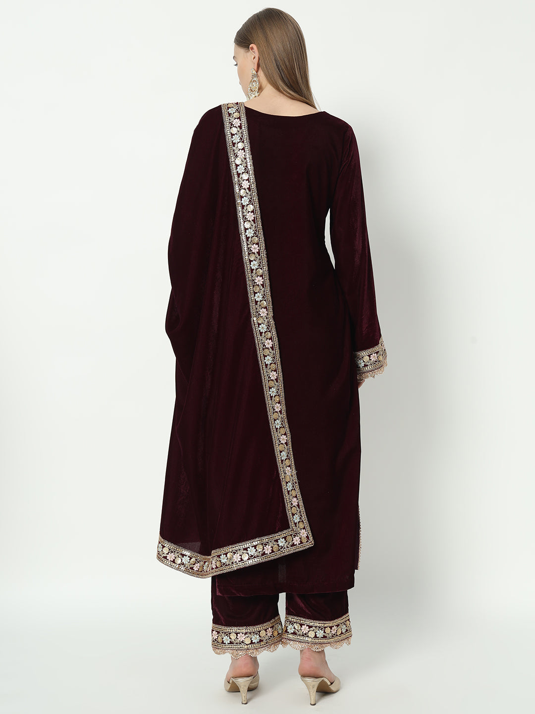 Fab Fashion Wine Velvet Side High Slit Suit Full Set - Distacart