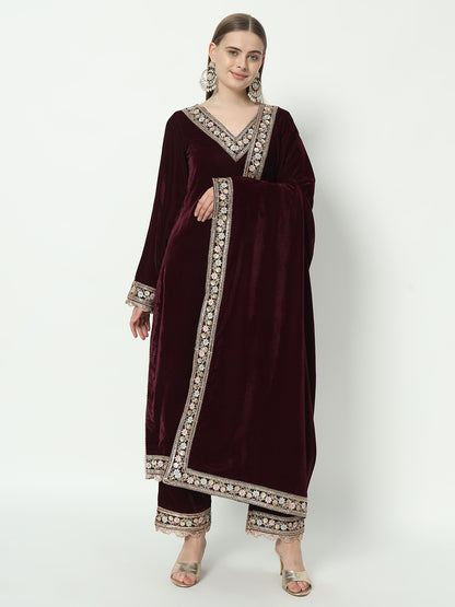 Fab Fashion Wine Velvet Side High Slit Suit Full Set - Distacart