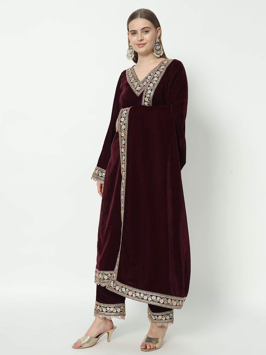 Fab Fashion Wine Velvet Side High Slit Suit Full Set - Distacart