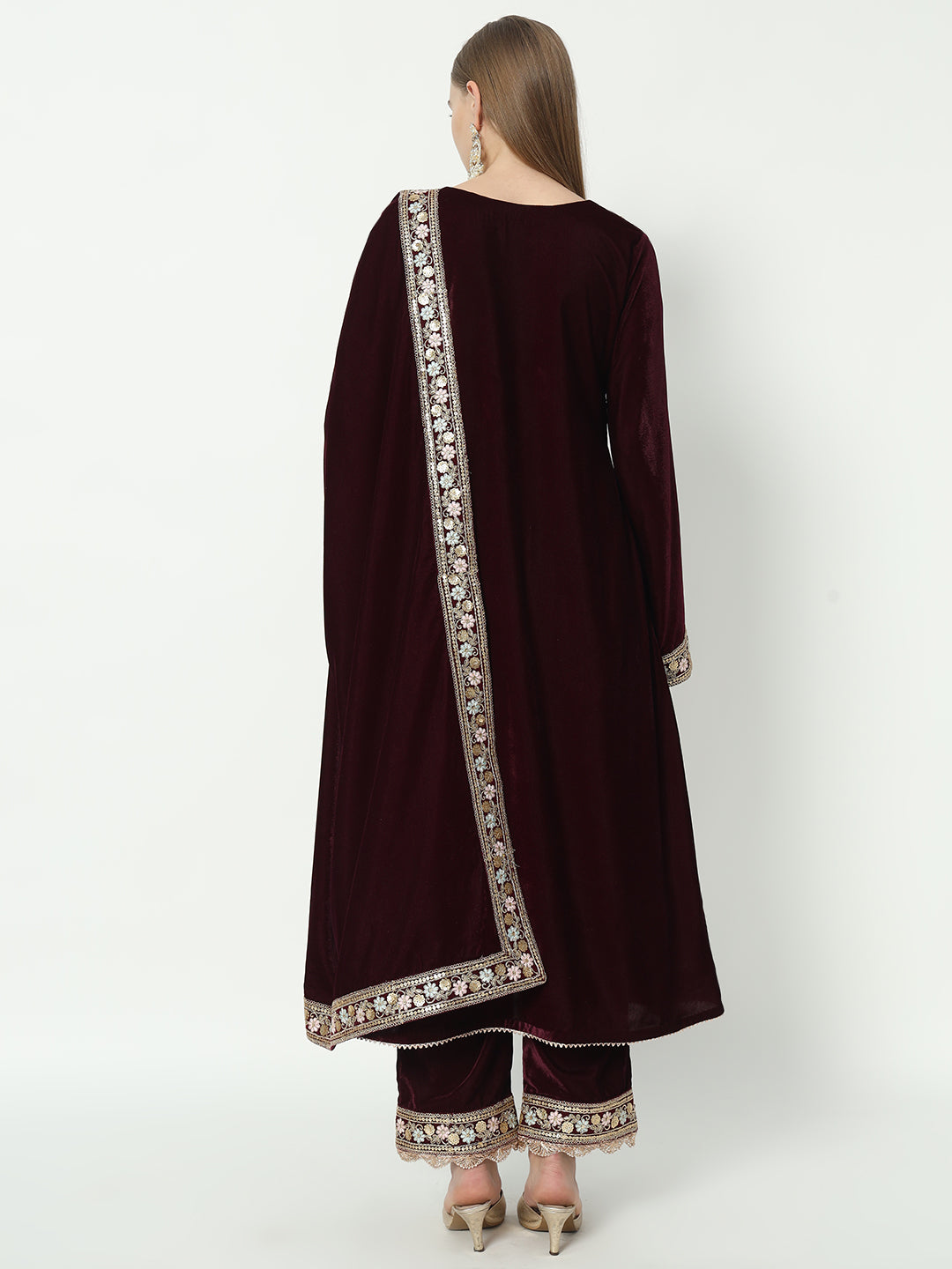 Fab Fashion Wine Velvet Lace Suit Full Set - Distacart