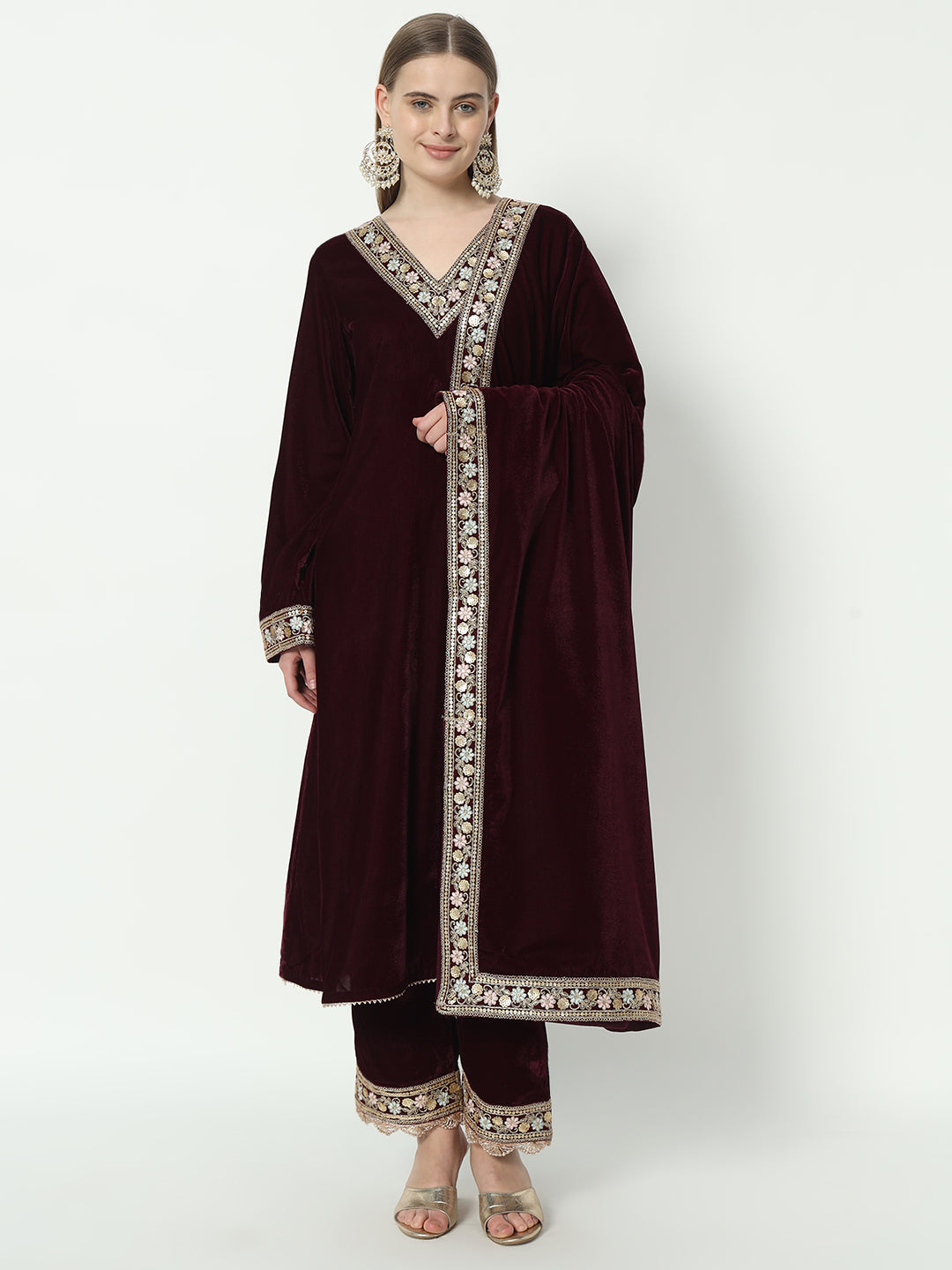 Fab Fashion Wine Velvet Lace Suit Full Set - Distacart