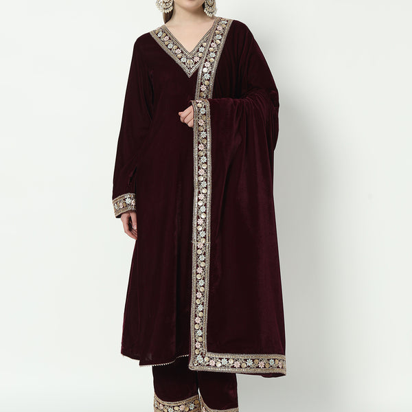 Fab Fashion Wine Velvet Lace Suit Full Set - Distacart