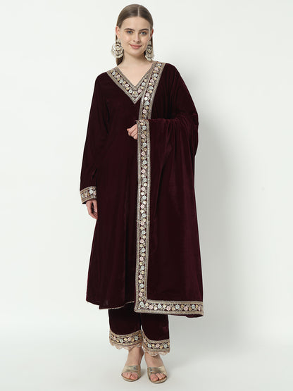 Fab Fashion Wine Velvet Lace Suit Full Set - Distacart