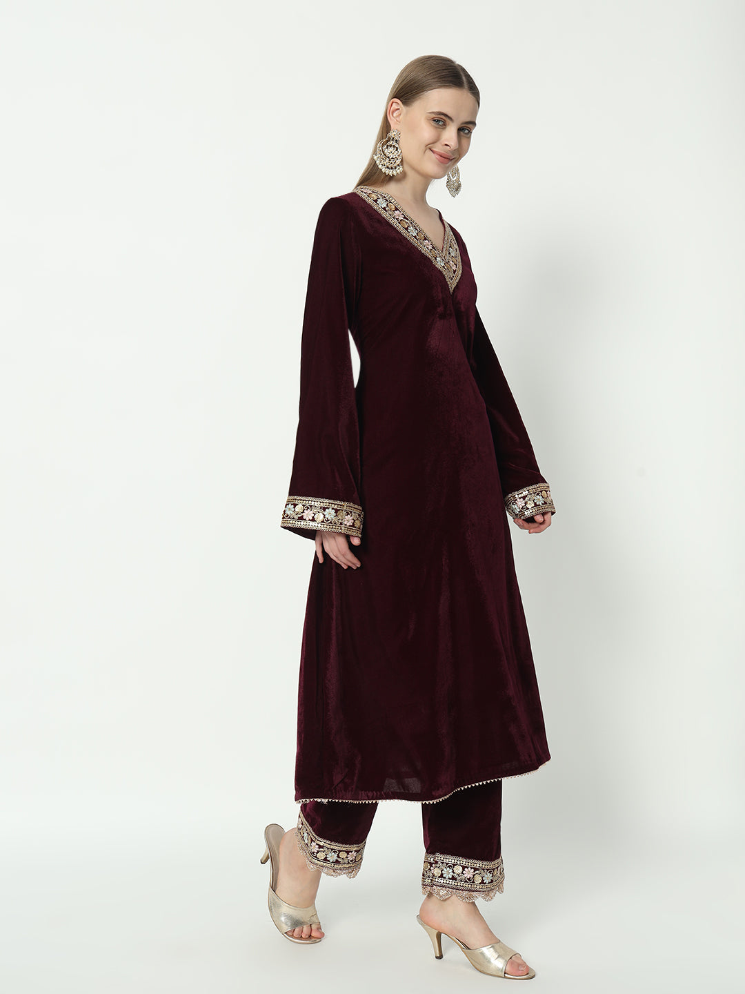 Fab Fashion Wine Velvet Lace Suit Full Set - Distacart