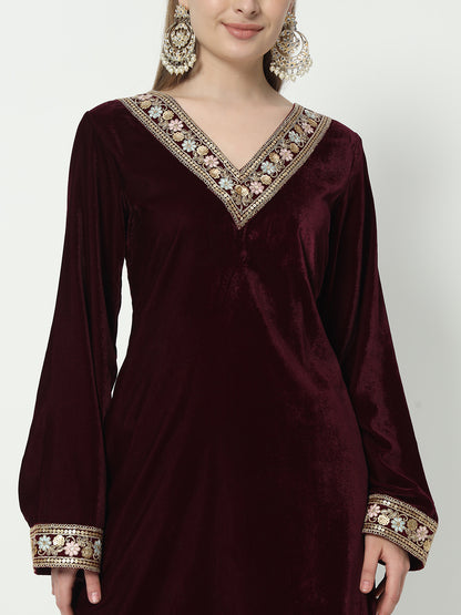 Fab Fashion Wine Velvet Lace Suit Full Set - Distacart