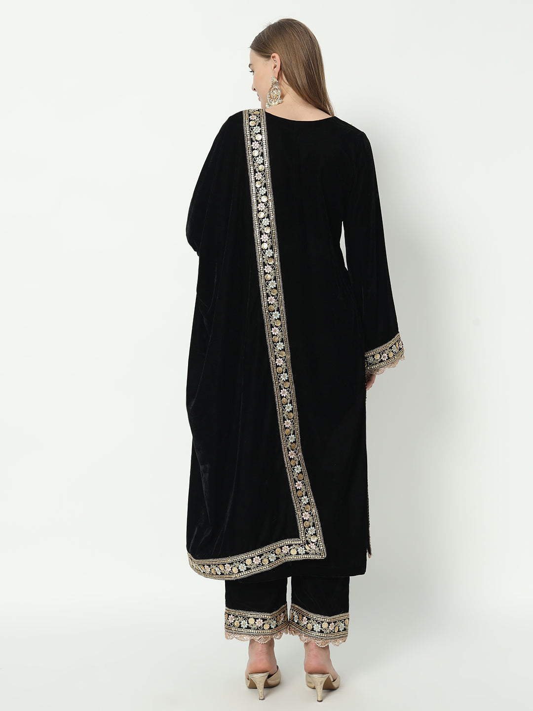 Fab Fashion Black Velvet Side High Slit Suit Full Set - Distacart