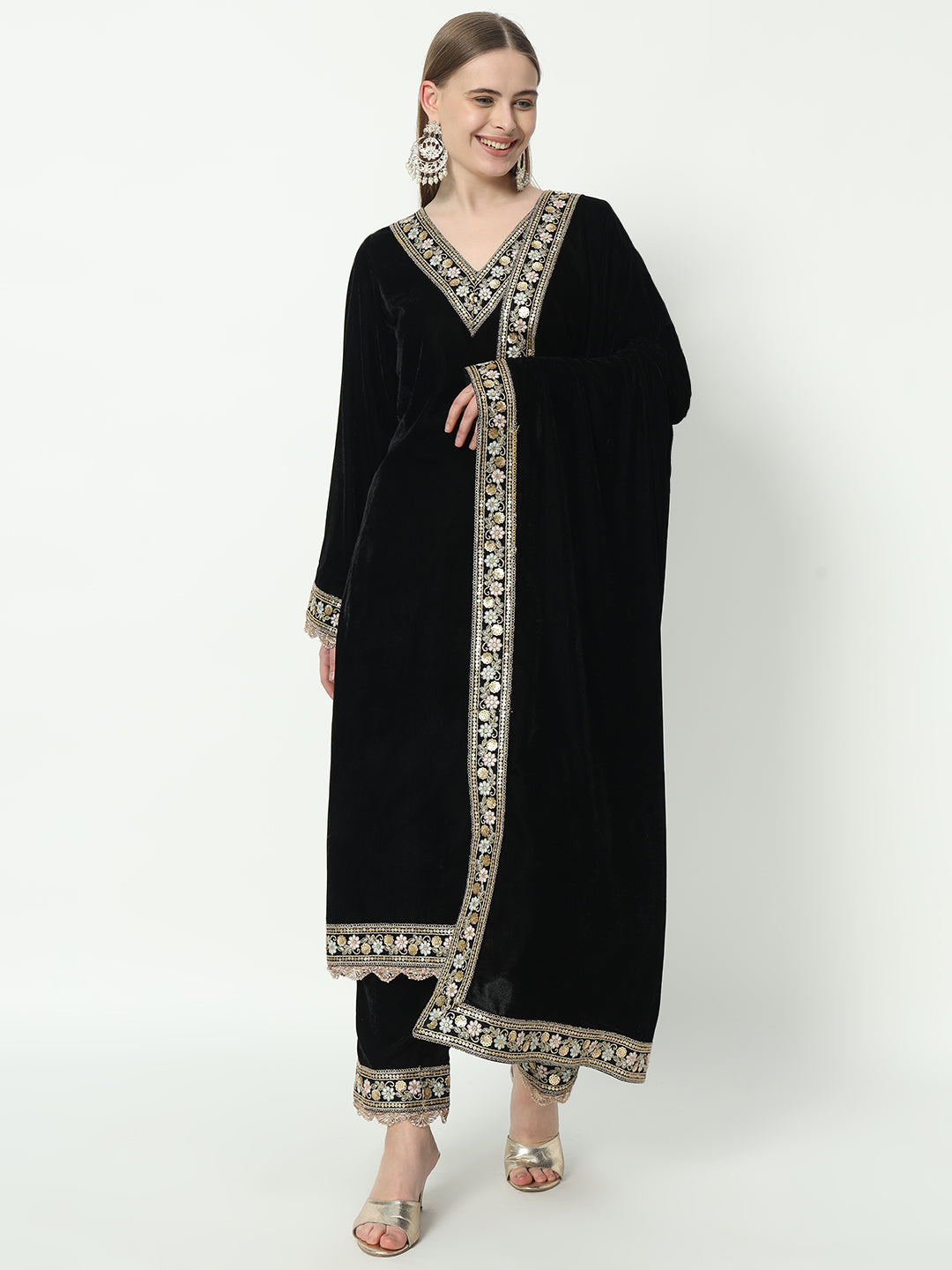 Fab Fashion Black Velvet Side High Slit Suit Full Set