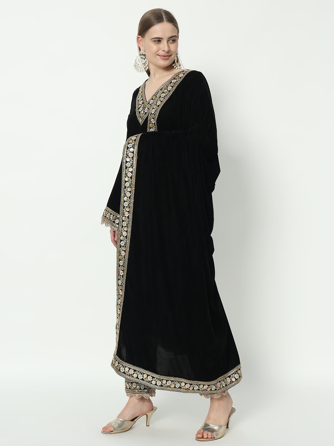 Fab Fashion Black Velvet Side High Slit Suit Full Set