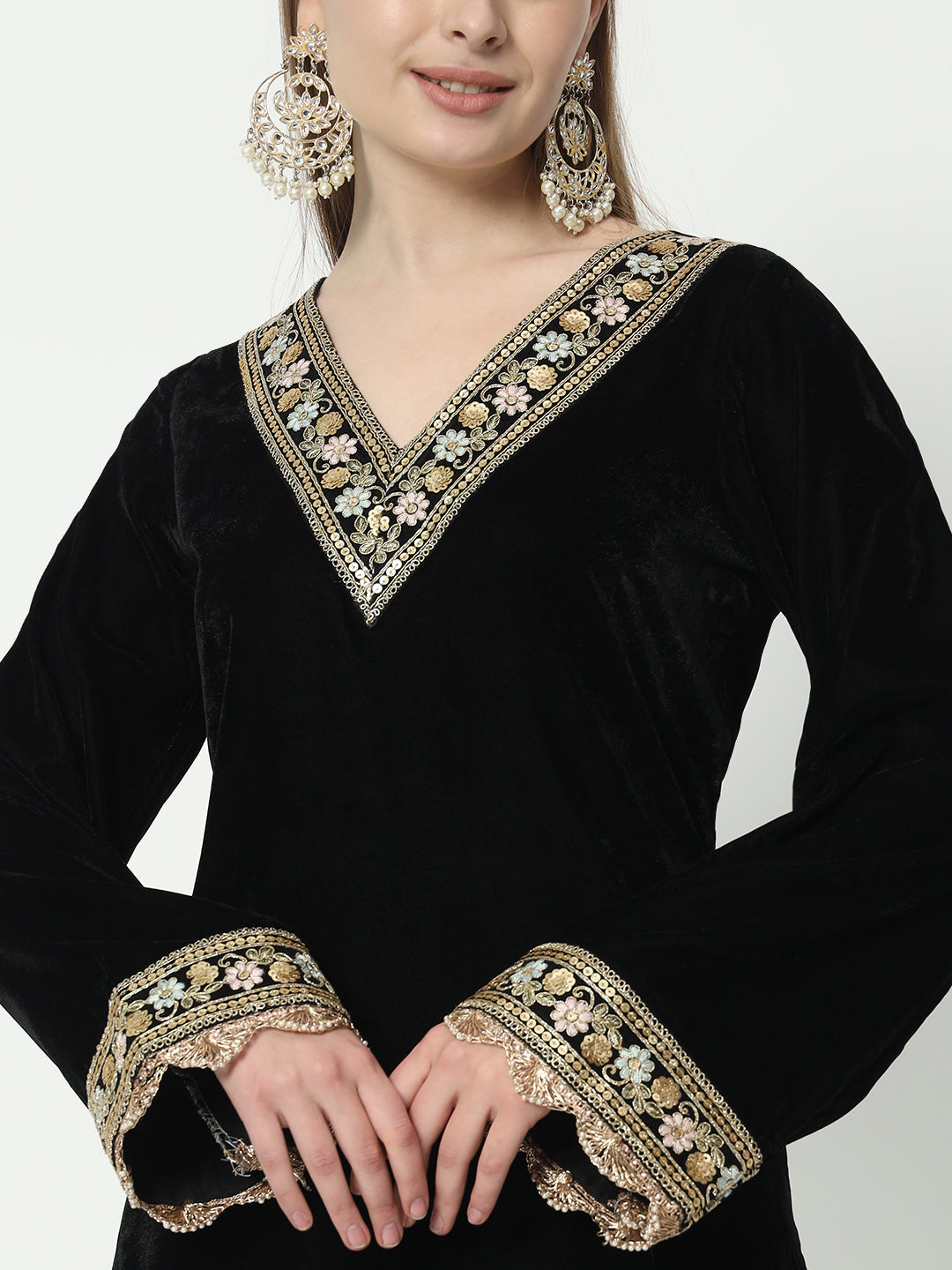 Fab Fashion Black Velvet Side High Slit Suit Full Set