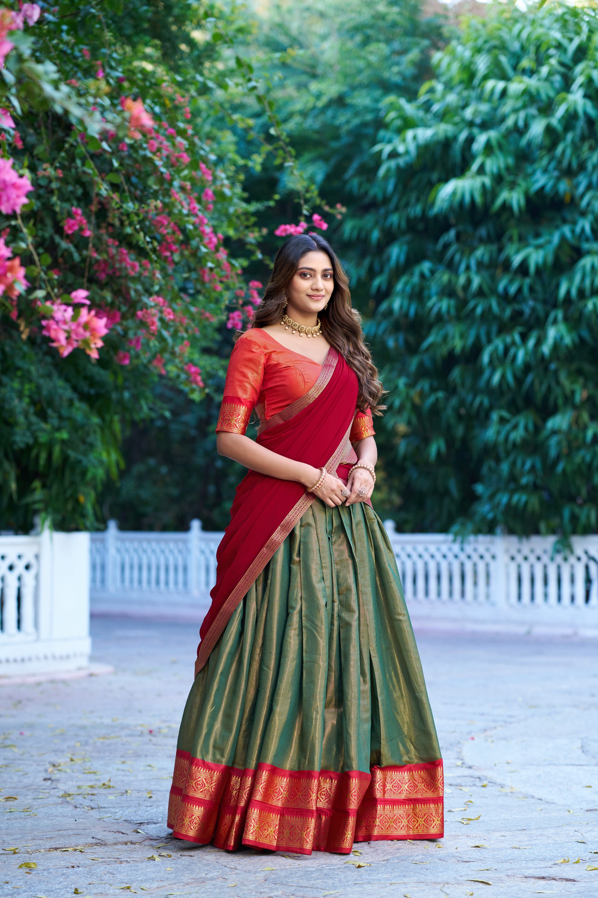 Lorenvalley Fashion Mehendi Kanchipuram Zari Weaving Work Lehenga Choli with Dupatta - Dista