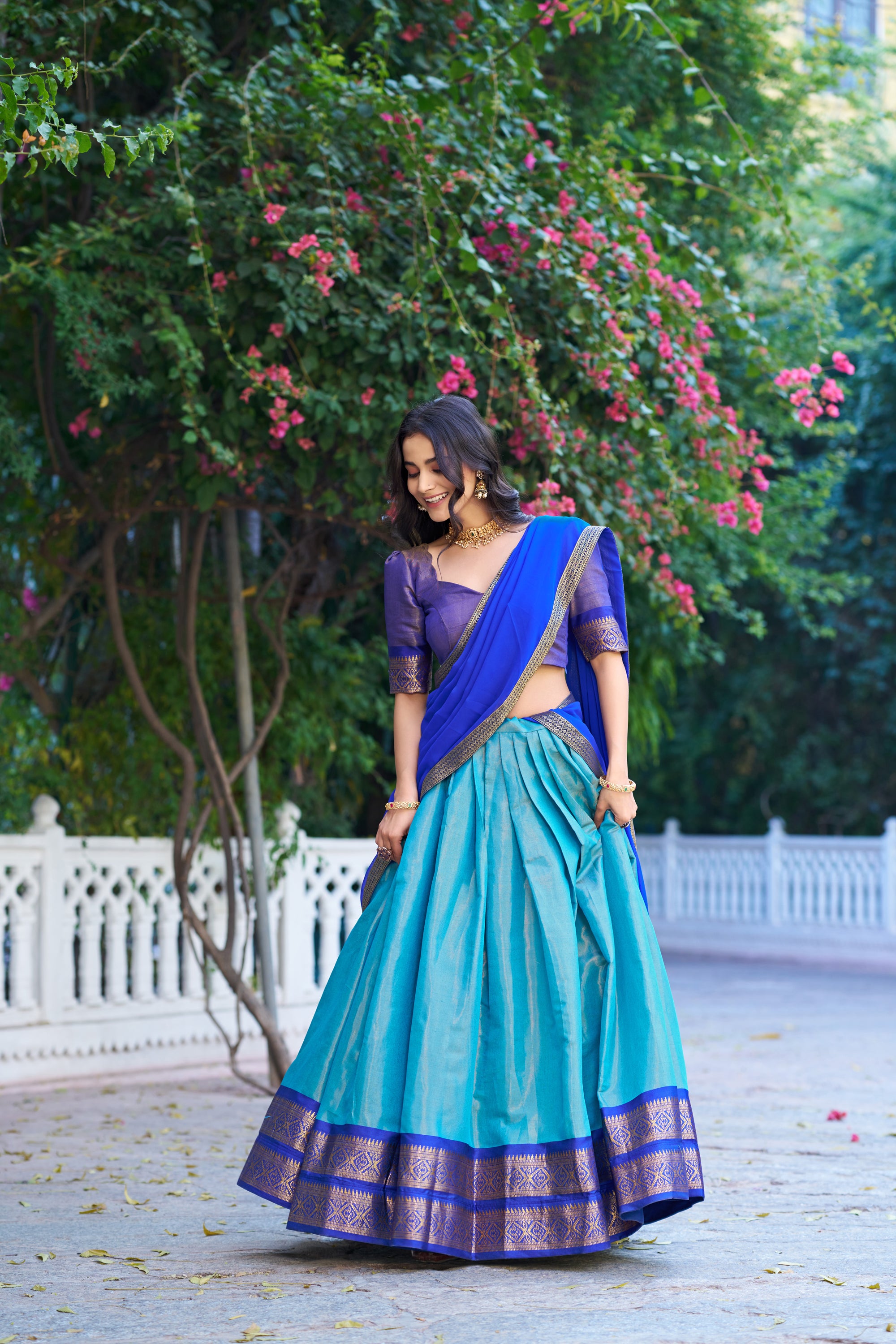 Lorenvalley Fashion Blue Kanchipuram Zari Weaving Work Lehenga Choli with Dupatta - Dista