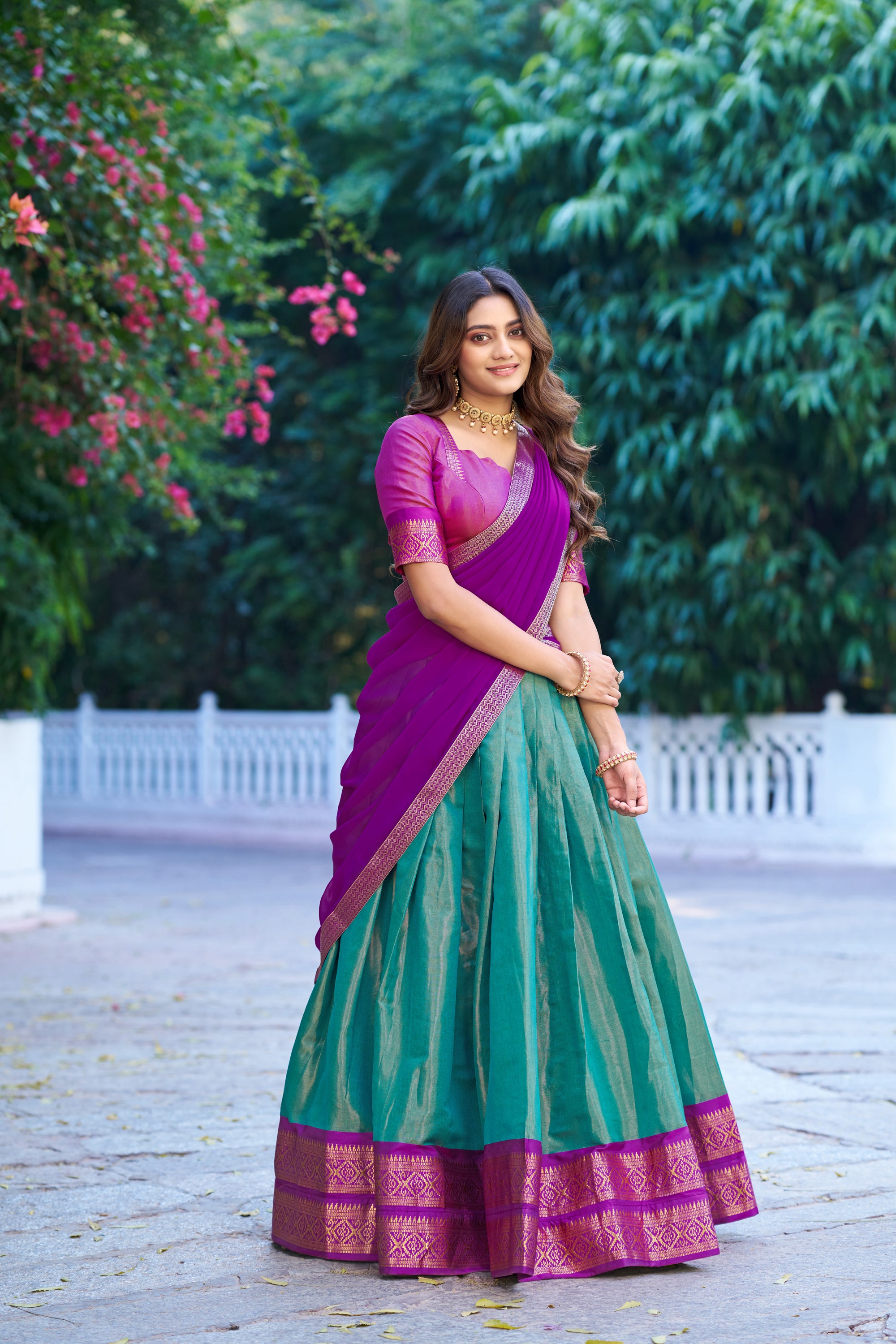 Lorenvalley Fashion Skyblue Kanchipuram Zari Weaving Work Lehenga Choli with Dupatta - Dista