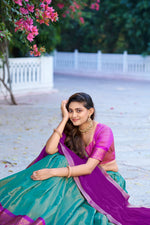 Thumbnail for Lorenvalley Fashion Skyblue Kanchipuram Zari Weaving Work Lehenga Choli with Dupatta - Dista