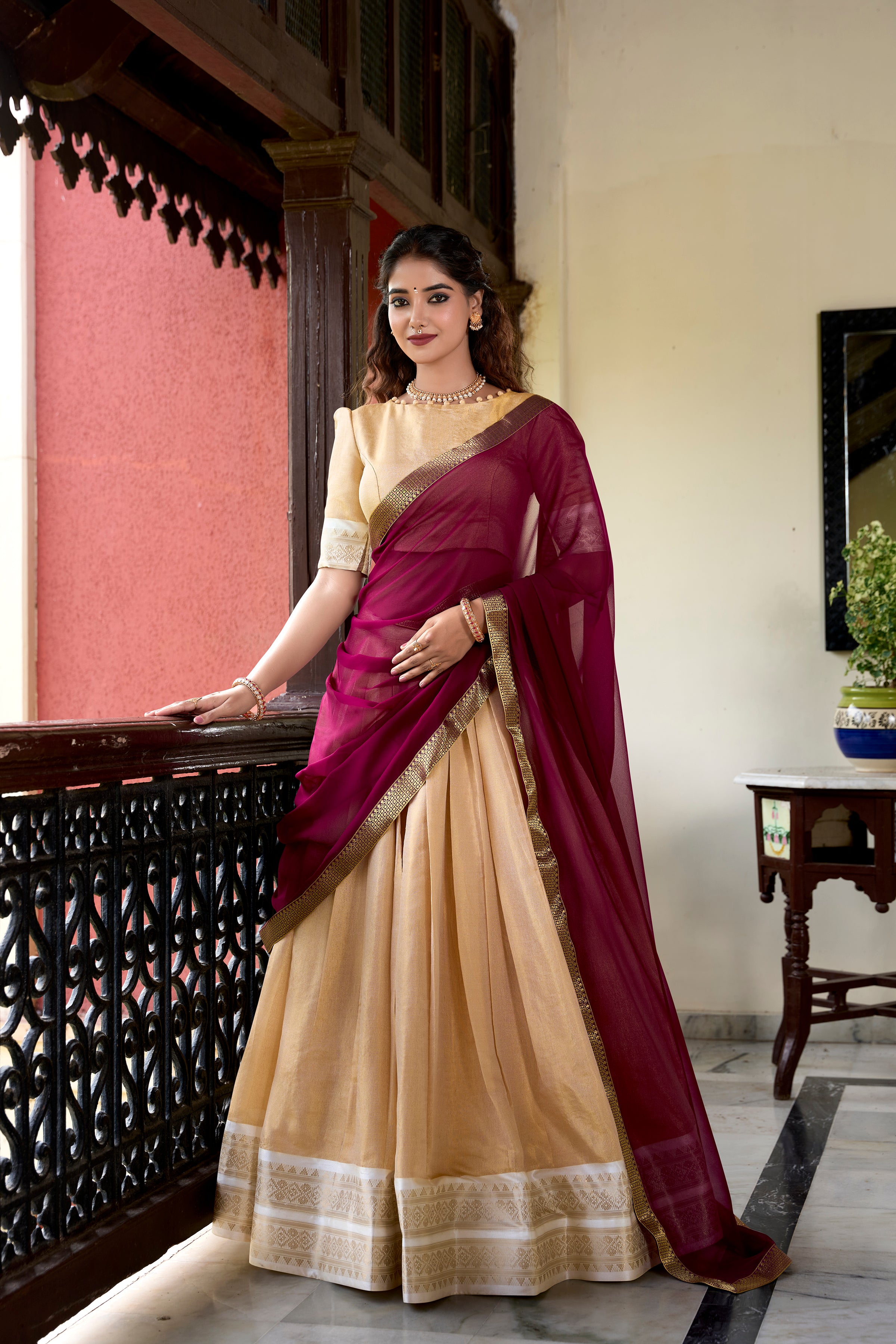 Lorenvalley Cream Kanchipuram Zari Weaving Work Lehenga Choli - Distacart