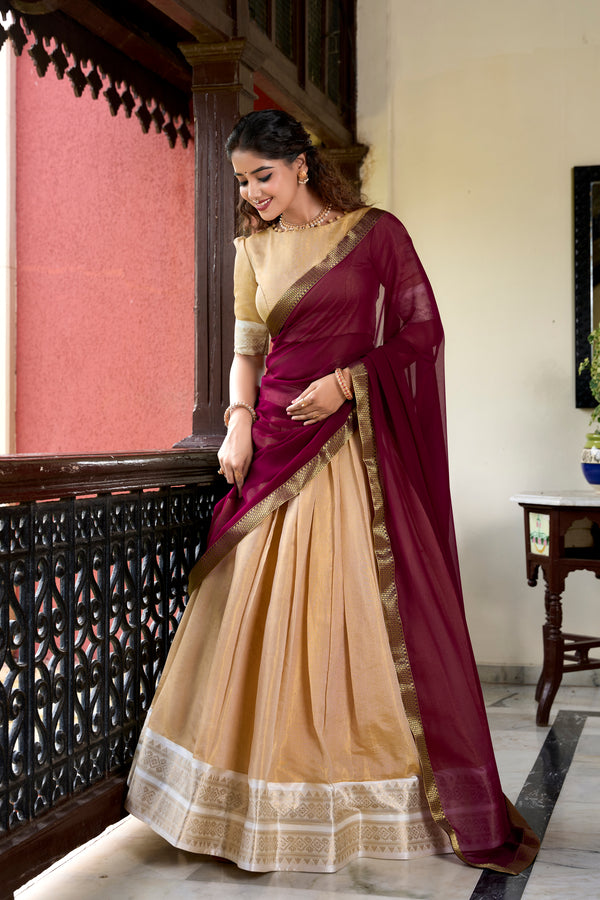 Lorenvalley Cream Kanchipuram Zari Weaving Work Lehenga Choli - Distacart