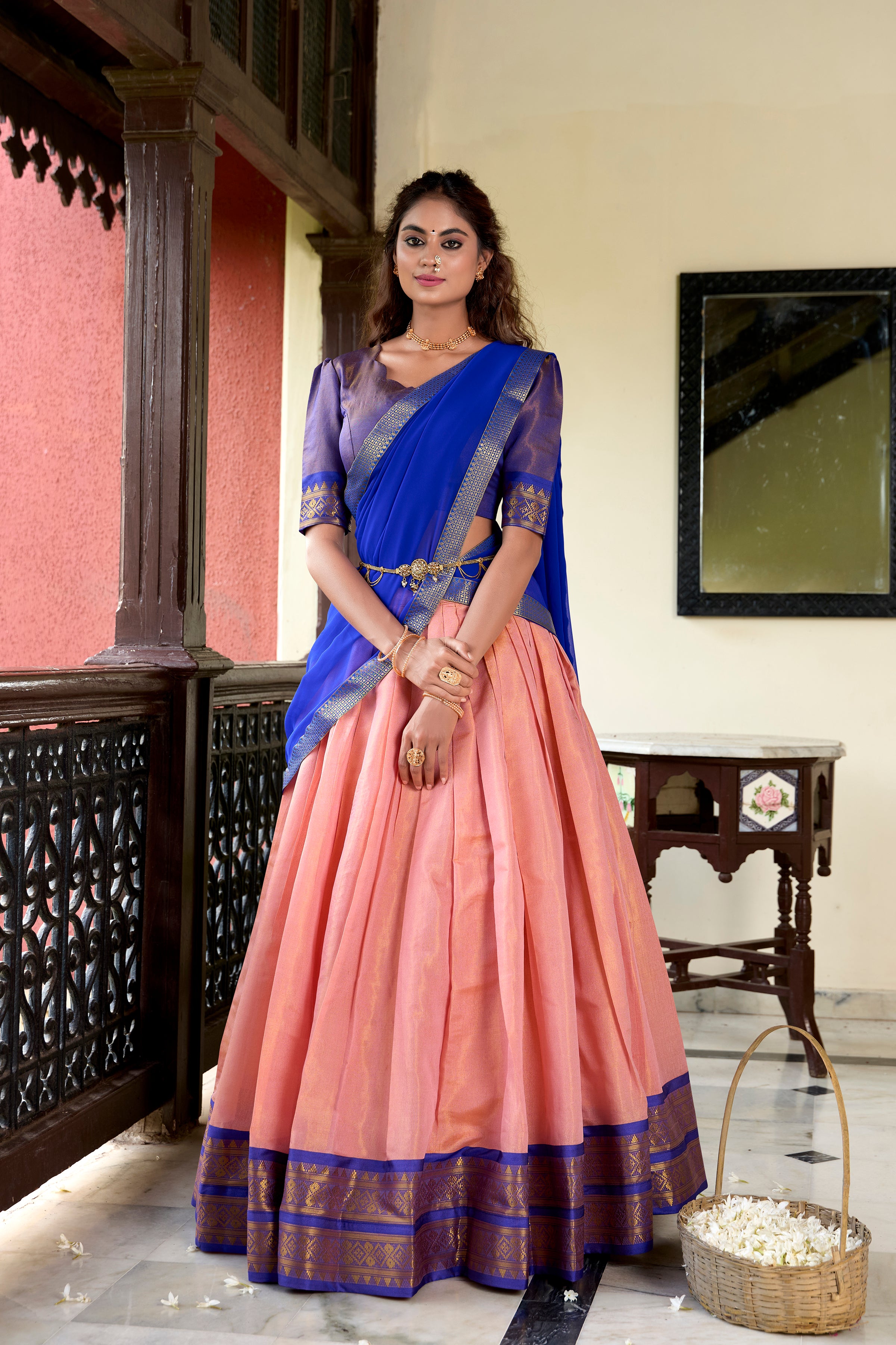 Lorenvalley Peach Kanchipuram Zari Weaving Work Lehenga Choli - Distacart