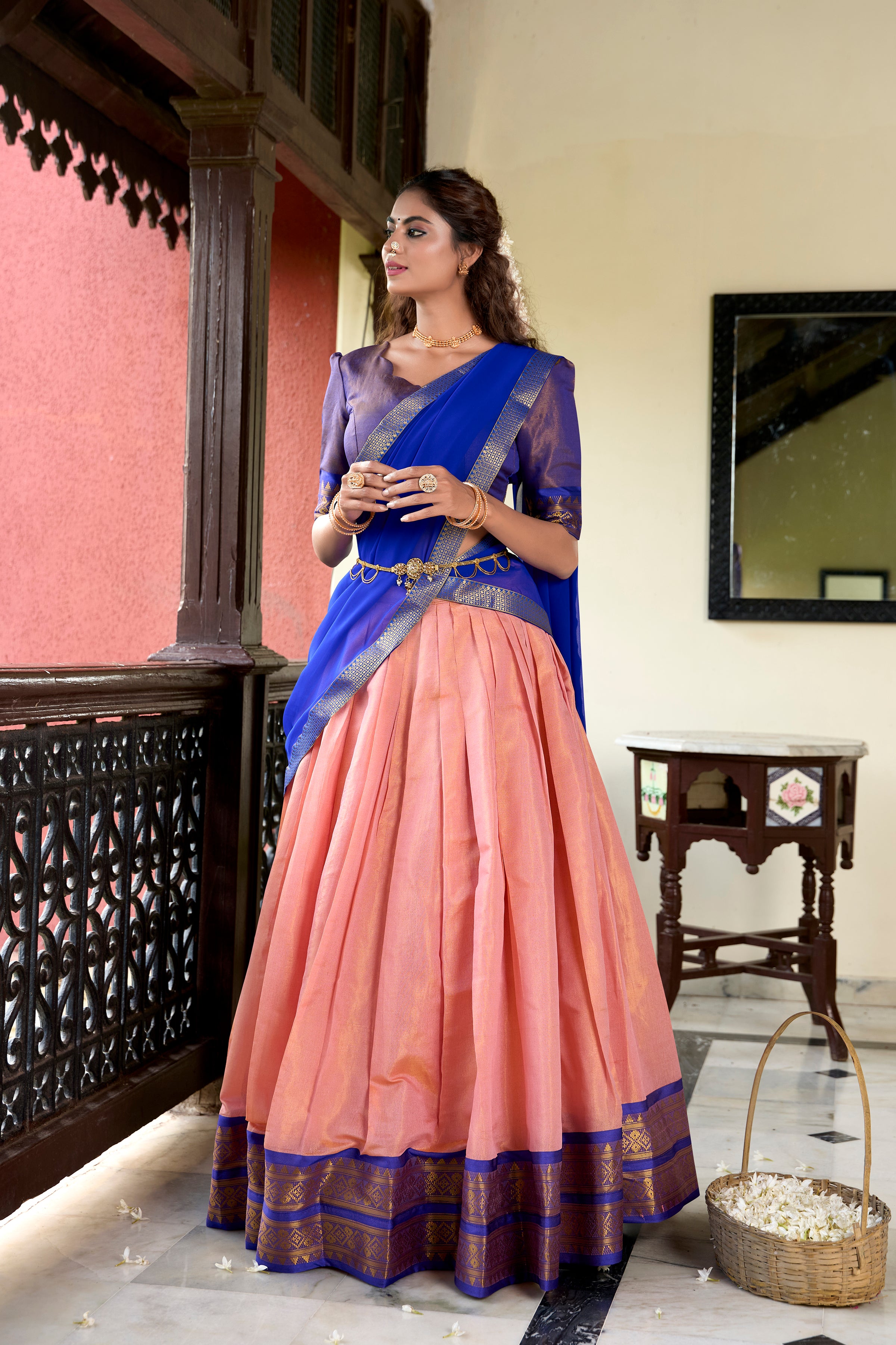 Lorenvalley Peach Kanchipuram Zari Weaving Work Lehenga Choli - Distacart