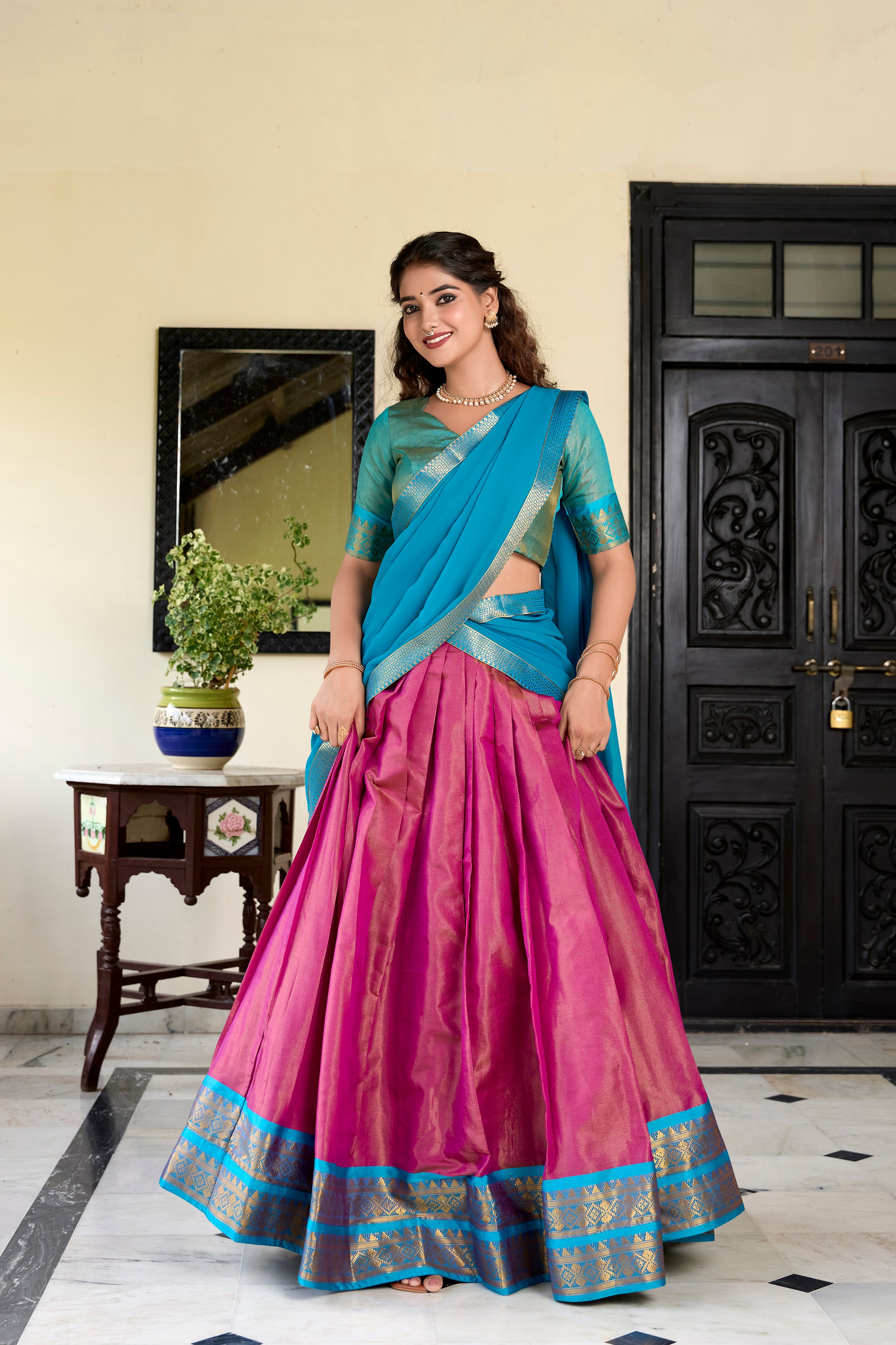Lorenvalley Pink Kanchipuram Zari Weaving Work Lehenga Choli - Distacart