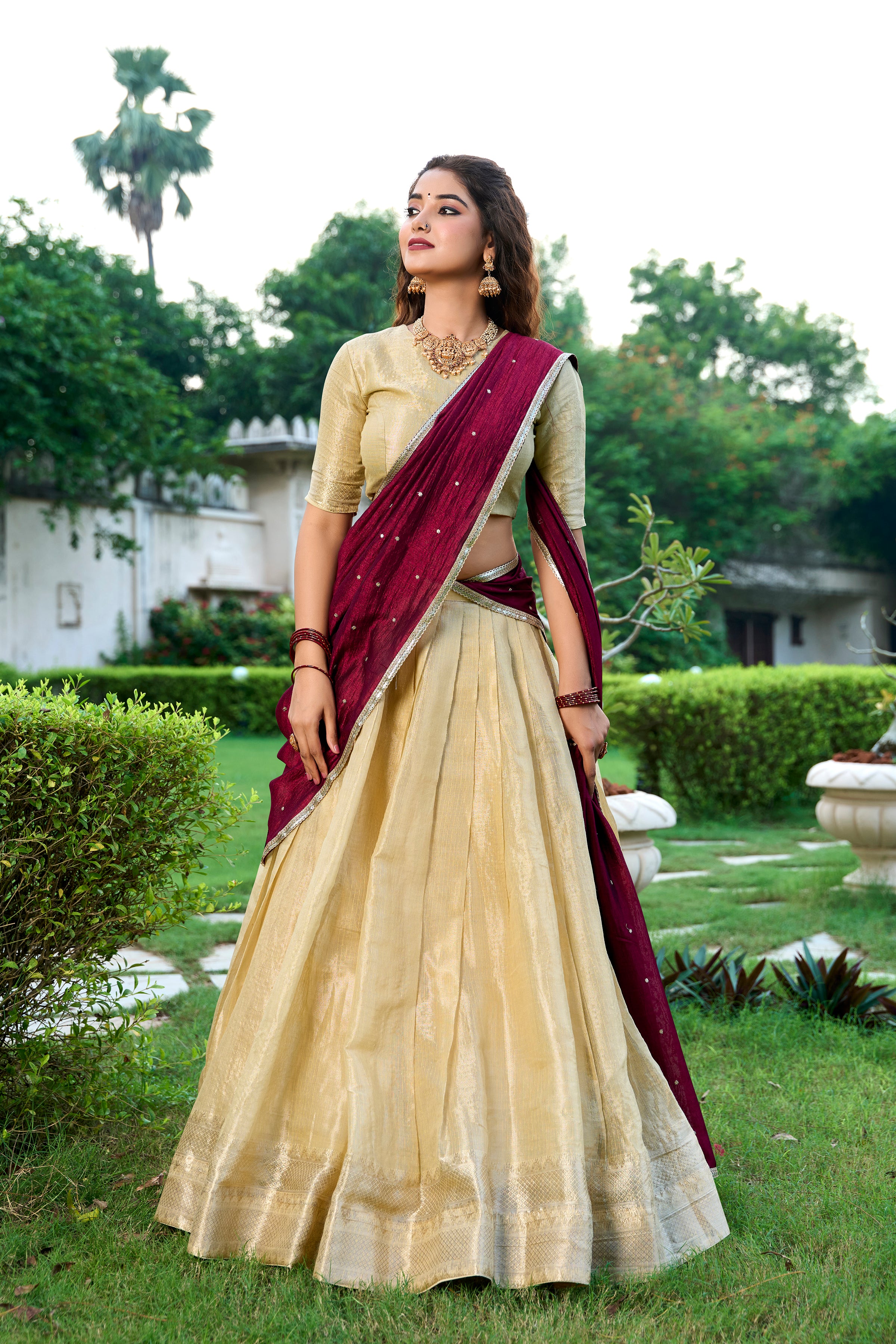 Lorenvalley Cream Kanchipuram Zari Weaving Work Lehenga Choli with Dupatta - Distacart