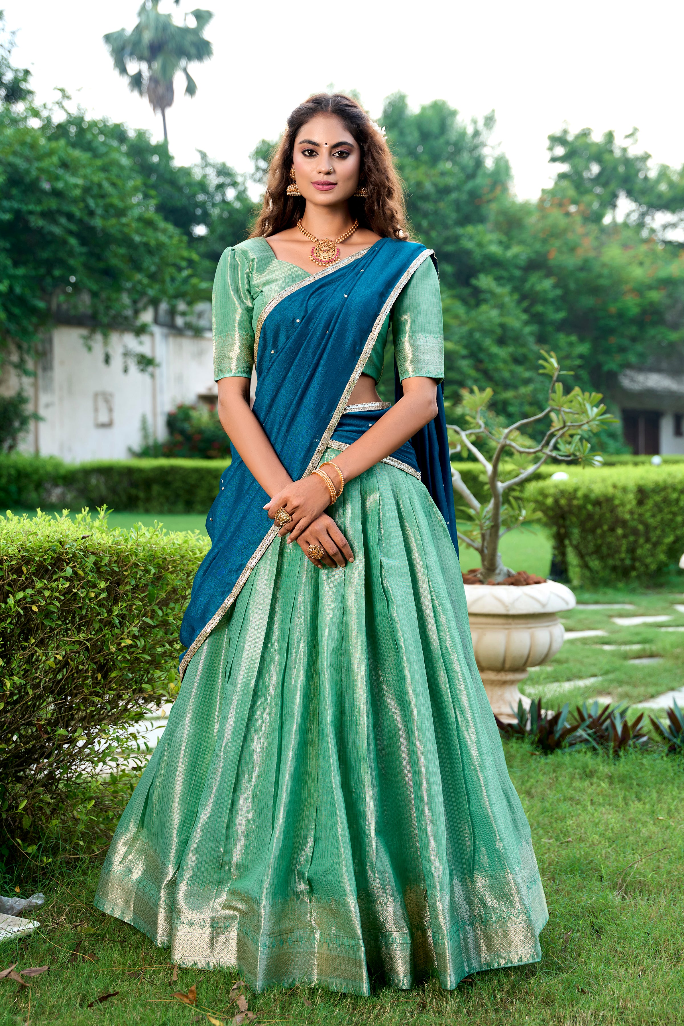 Lorenvalley Pista Kanchipuram Zari Weaving Work Lehenga Choli with Dupatta - Distacart