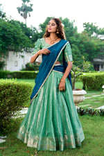 Thumbnail for Lorenvalley Pista Kanchipuram Zari Weaving Work Lehenga Choli with Dupatta