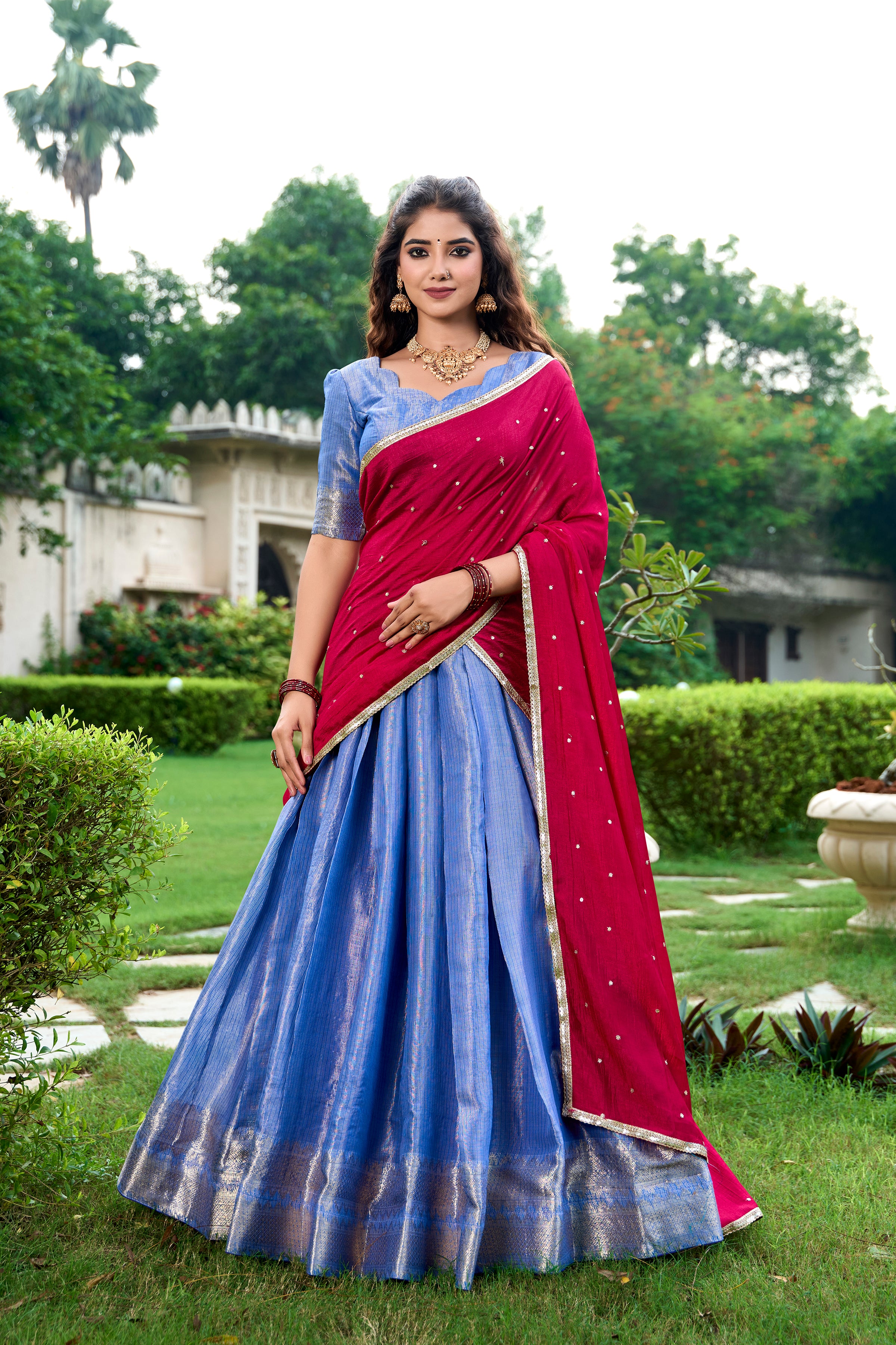 Lorenvalley Royal Blue Kanchipuram Zari Weaving Work Lehenga Choli with Dupatta - Distacart