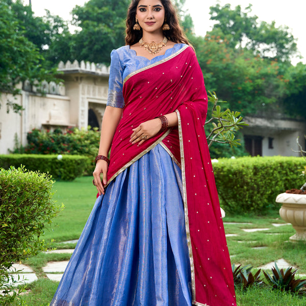 Lorenvalley Royal Blue Kanchipuram Zari Weaving Work Lehenga Choli with Dupatta - Distacart