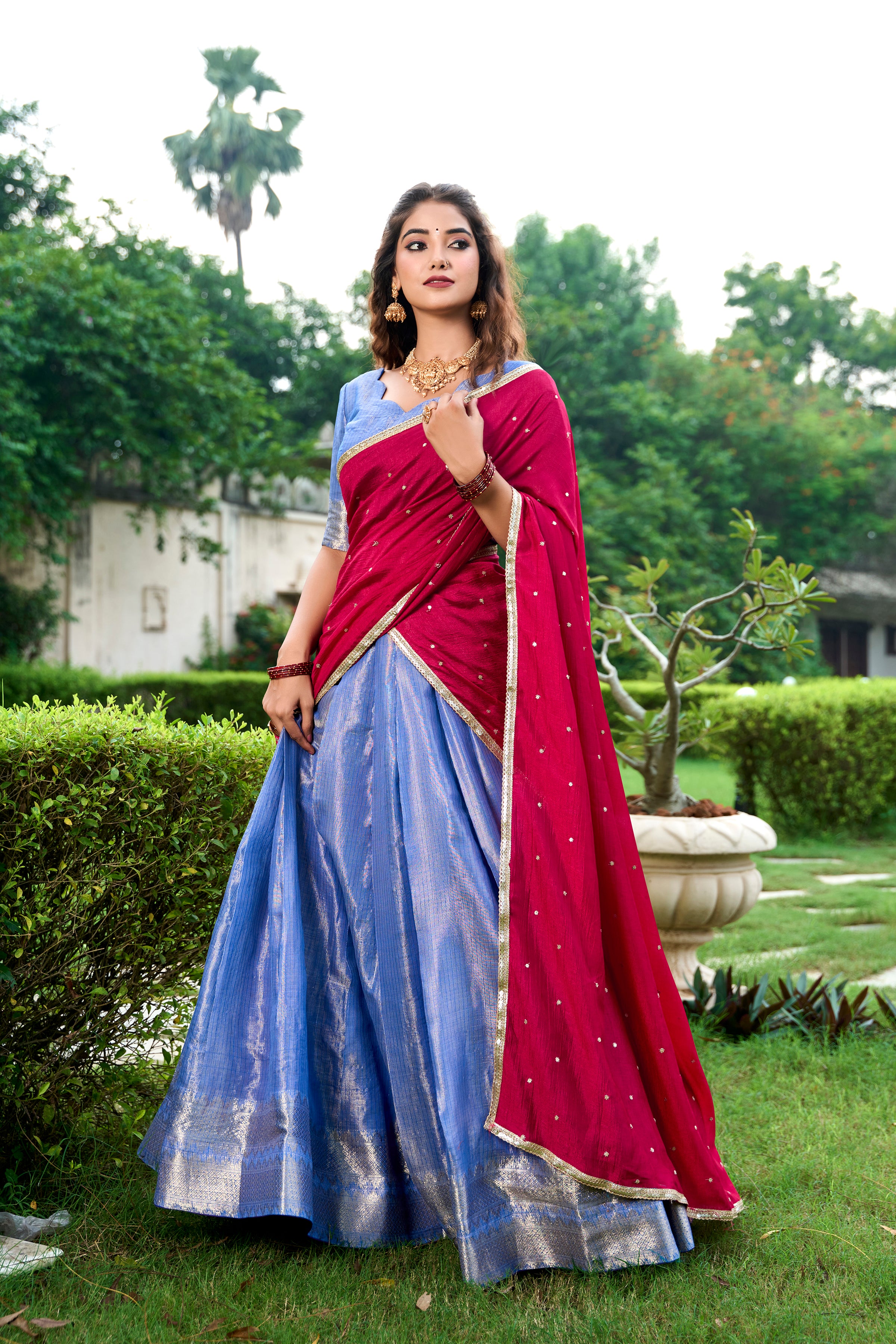 Lorenvalley Royal Blue Kanchipuram Zari Weaving Work Lehenga Choli with Dupatta - Distacart