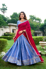 Thumbnail for Lorenvalley Royal Blue Kanchipuram Zari Weaving Work Lehenga Choli with Dupatta