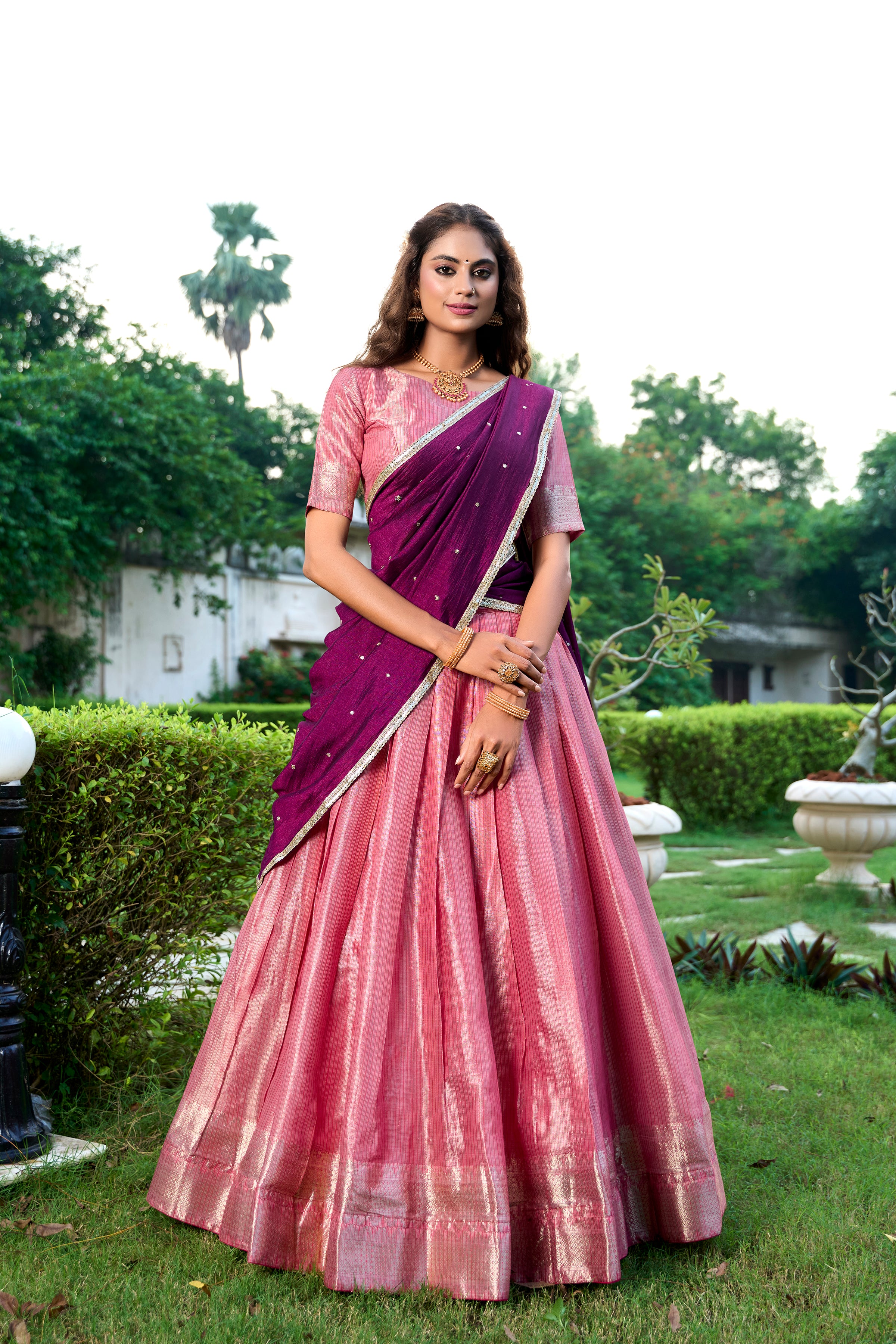 Lorenvalley Pink Kanchipuram Zari Weaving Work Lehenga Choli with Dupatta - Distacart