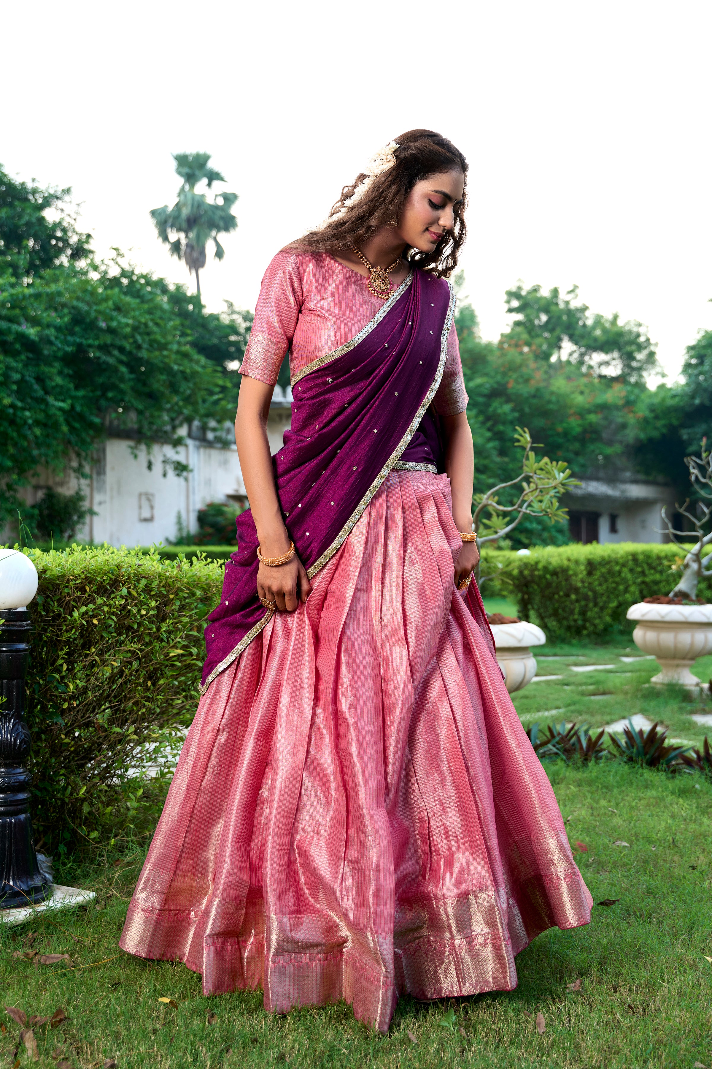 Lorenvalley Pink Kanchipuram Zari Weaving Work Lehenga Choli with Dupatta - Distacart