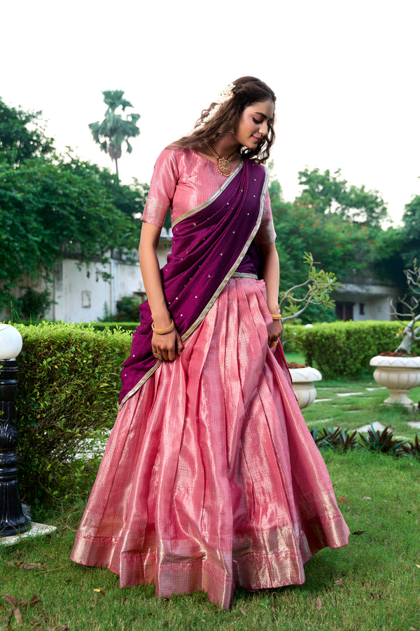 Lorenvalley Pink Kanchipuram Zari Weaving Work Lehenga Choli with Dupatta