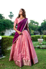 Thumbnail for Lorenvalley Pink Kanchipuram Zari Weaving Work Lehenga Choli with Dupatta