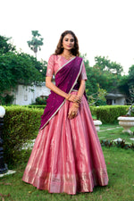 Thumbnail for Lorenvalley Pink Kanchipuram Zari Weaving Work Lehenga Choli with Dupatta