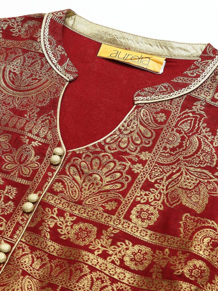 AURELIA Maroon & Gold Printed Ethnic Motifs Maxi Dress - Distacart