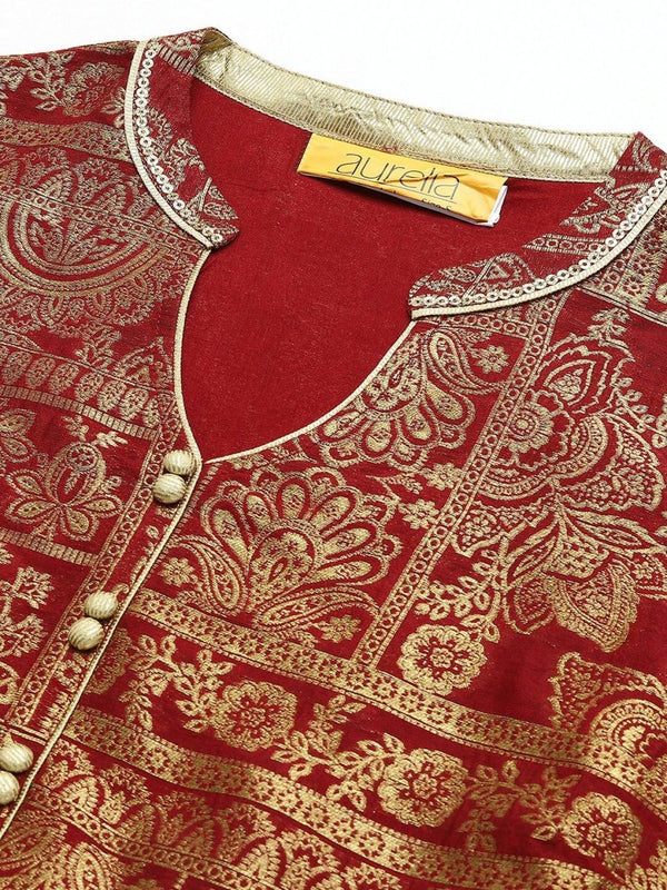 AURELIA Maroon & Gold Printed Ethnic Motifs Maxi Dress