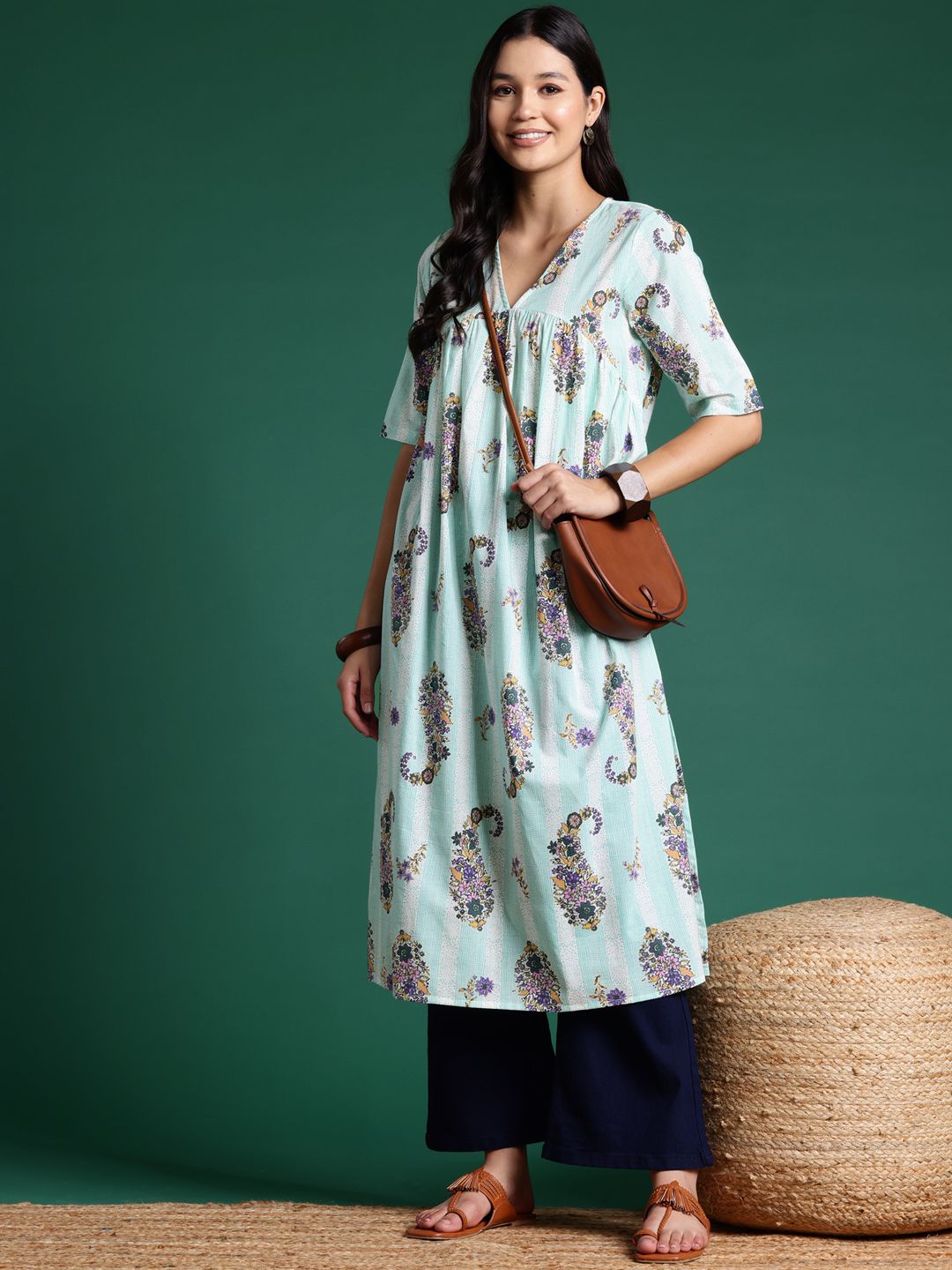 Sangria Floral Print Pleated Empire Kurta - Distacart