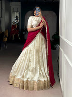 Thumbnail for Lorenvalley Fashion Offwhite Dola Silk Zari Weaving Border Lehenga Choli with Dupatta - Distacart