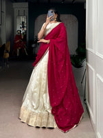 Thumbnail for Lorenvalley Fashion Offwhite Dola Silk Zari Weaving Border Lehenga Choli with Dupatta - Distacart