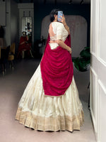 Thumbnail for Lorenvalley Fashion Offwhite Dola Silk Zari Weaving Border Lehenga Choli with Dupatta - Distacart