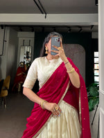 Thumbnail for Lorenvalley Fashion Offwhite Dola Silk Zari Weaving Border Lehenga Choli with Dupatta - Distacart
