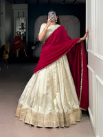 Thumbnail for Lorenvalley Fashion Offwhite Dola Silk Zari Weaving Border Lehenga Choli with Dupatta - Distacart
