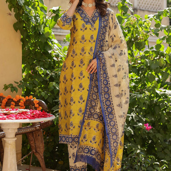 Kalini Ethnic Printed V neck Three-Quarter Sleeves Kurta with Trousers & With Dupatta - Distacart
