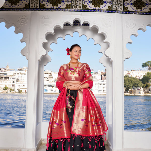 Lorenvalley Black Jacquard Silk Paithani Weaving Zari Work with Lace Touch Up Lehenga Choli with Dupatta - Distacart
