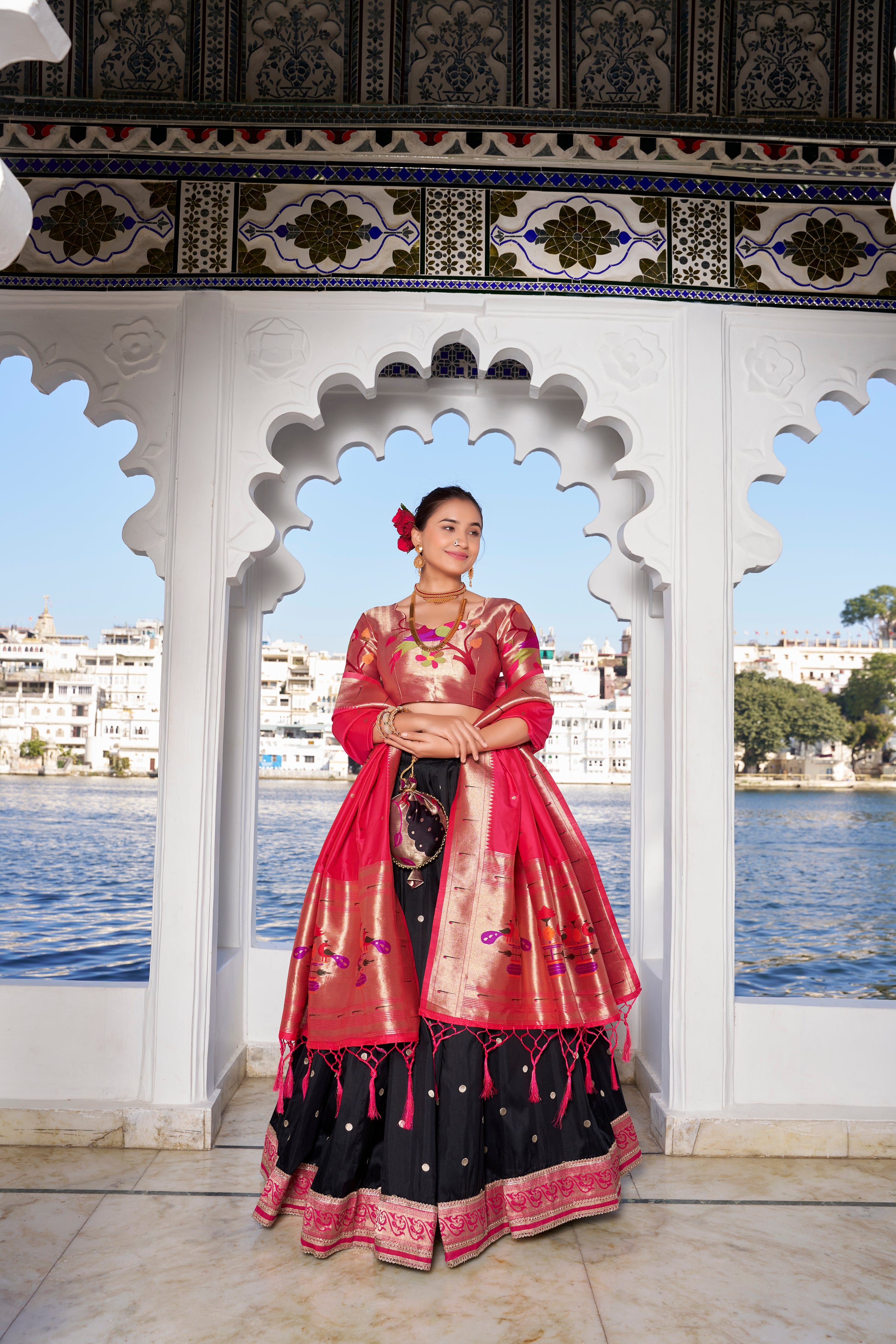 Lorenvalley Black Jacquard Silk Paithani Weaving Zari Work with Lace Touch Up Lehenga Choli with Dupatta - Distacart